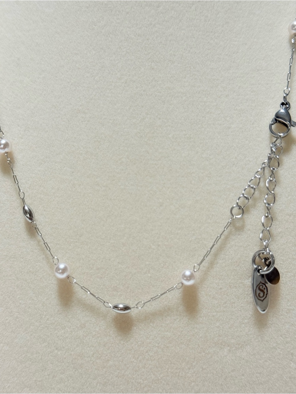 Silver Pearl Station Dainty Necklace Stainless Steel Dainty Layering 16” - Picture 4 of 5